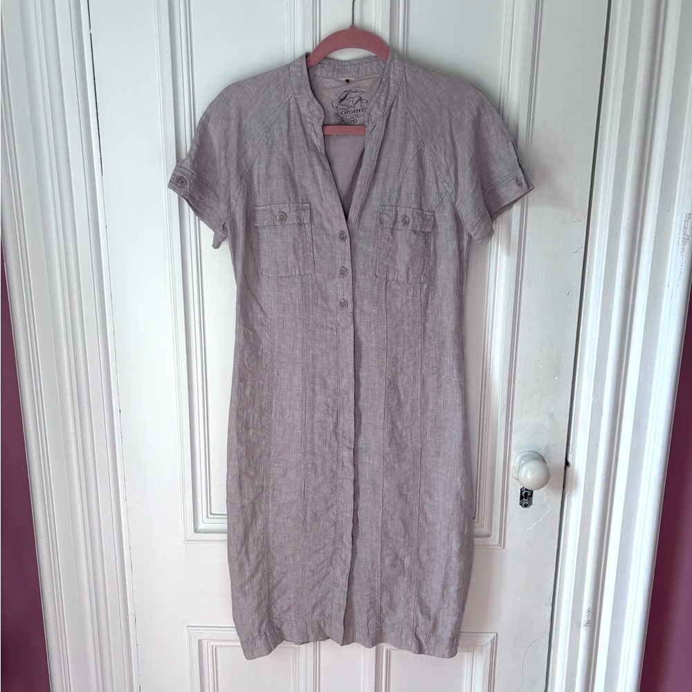 Women’s Olsen Linen Short Sleeve Button Front Light Stone Shirt Dress No Tag